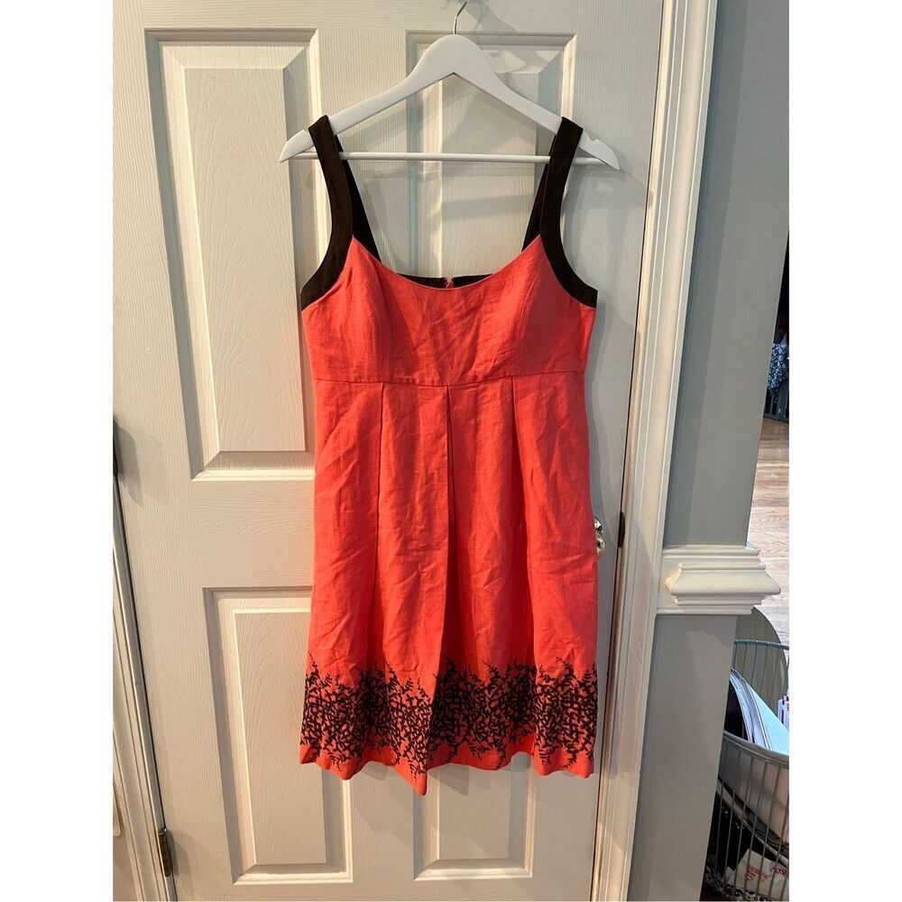 B. Moss Salmon Pink & Brown Embroidered Linen Sun Dress sz 8 EUC
